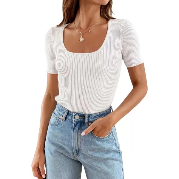 imageZESICA Womens 2024 Short Sleeve Square Neck T Shirts Slim Fitted Summer Ribbed Knit Basic Casual Tee TopsWhite