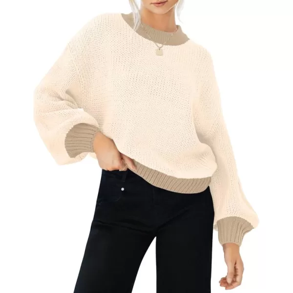 imageZESICA Womens Casual Long Sleeve Crew Neck Pullover 2024 Fall Ribbed Knit Loose Contrast Color Sweater TopsApricot