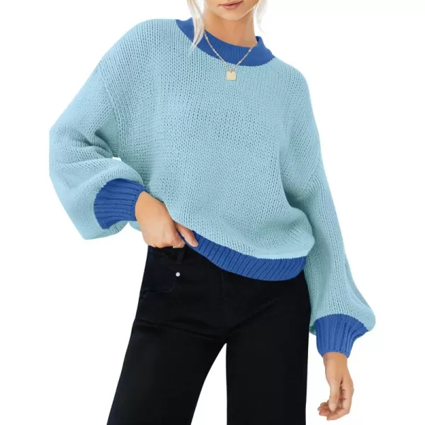 imageZESICA Womens Casual Long Sleeve Crew Neck Pullover 2024 Fall Ribbed Knit Loose Contrast Color Sweater TopsBlue