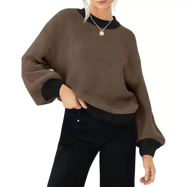 imageZESICA Womens Casual Long Sleeve Crew Neck Pullover 2024 Fall Ribbed Knit Loose Contrast Color Sweater TopsBrown