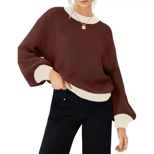 imageZESICA Womens Casual Long Sleeve Crew Neck Pullover 2024 Fall Ribbed Knit Loose Contrast Color Sweater TopsCoffee