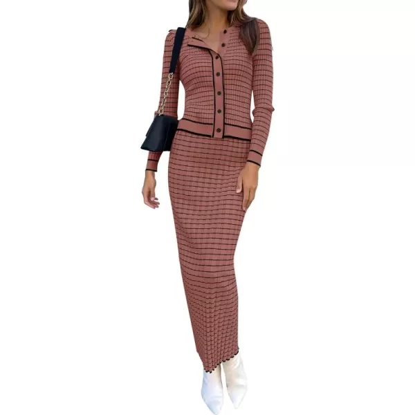 imageZESICA Womens Fall Two Piece Outfits Casual Long Sleeve Striped Sweater Cardigan and Maxi Skirts Matching Lounge SetsRust Red
