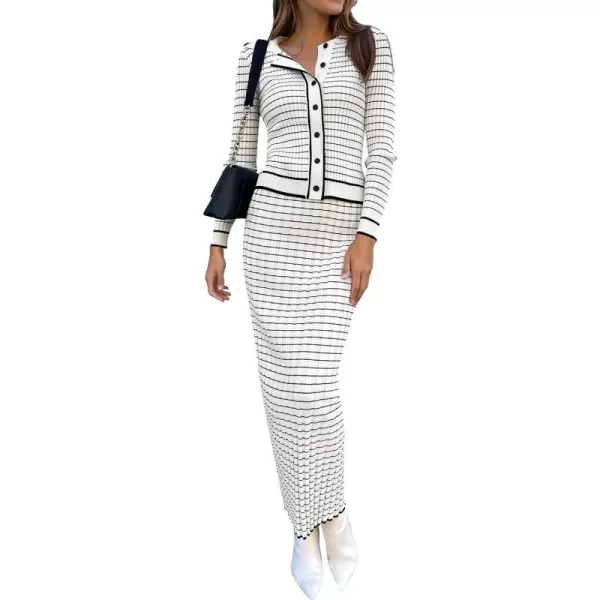 imageZESICA Womens Fall Two Piece Outfits Casual Long Sleeve Striped Sweater Cardigan and Maxi Skirts Matching Lounge SetsWhite