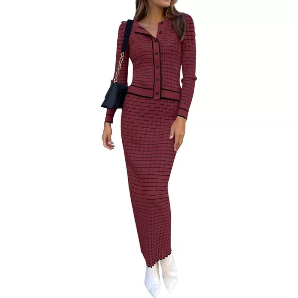 imageZESICA Womens Fall Two Piece Outfits Casual Long Sleeve Striped Sweater Cardigan and Maxi Skirts Matching Lounge SetsWine