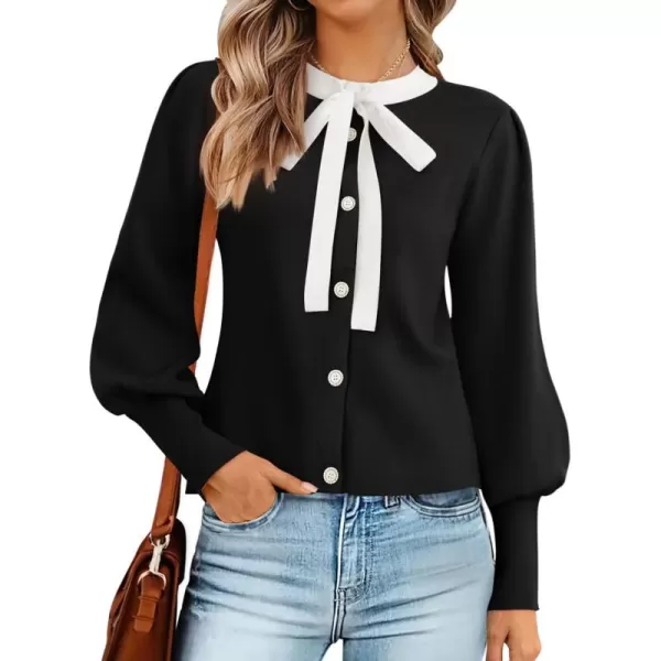 imageZESICA Womens Fall Winter Cardigan Sweaters Long Lantern Sleeve Open Front Button Down Comfy Knitted Outerwear CoatBlack
