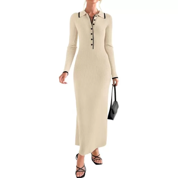 imageZESICA Womens Long Sleeve Sweater Dress 2024 Fall V Neck Ribbed Knit Casual Formal Cocktail Bodycon Maxi DressesApricot