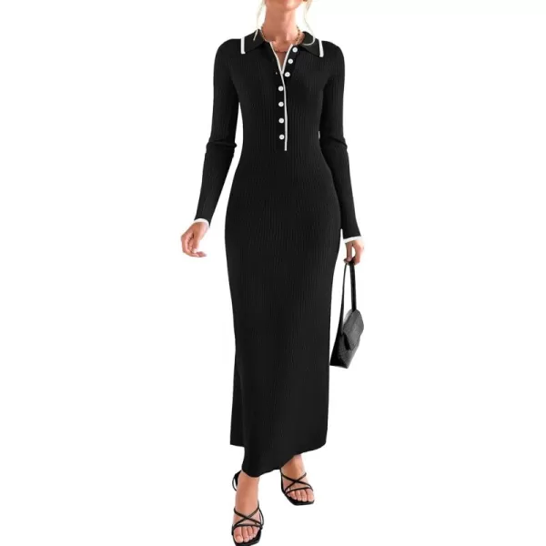 imageZESICA Womens Long Sleeve Sweater Dress 2024 Fall V Neck Ribbed Knit Casual Formal Cocktail Bodycon Maxi DressesBlack