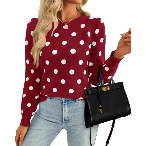 imageZESICA Womens Long Sleeve Sweaters 2024 Fall Crewneck Polka Dots Ribbed Knit Casual Soft Pullover Sweater TopsRed
