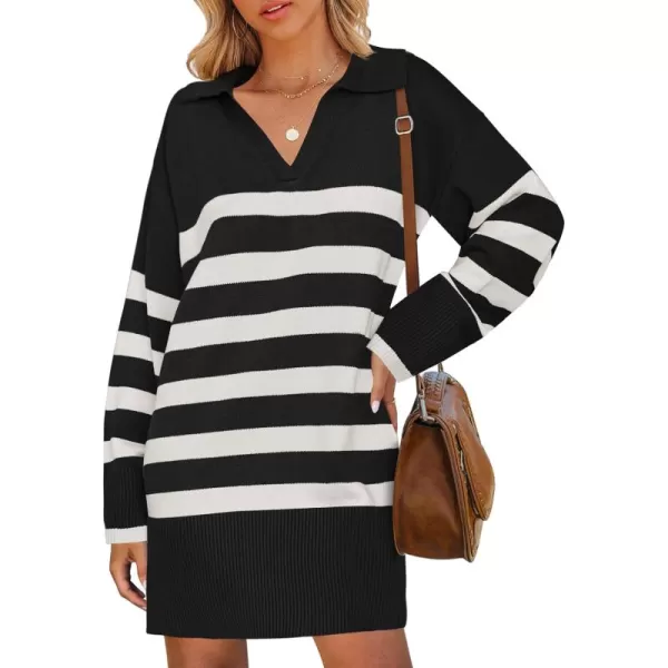 imageZESICA Womens Striped Sweater Dress 2024 Fall Long Sleeve V Neck Collar Loose Knit Mini DressesBlack