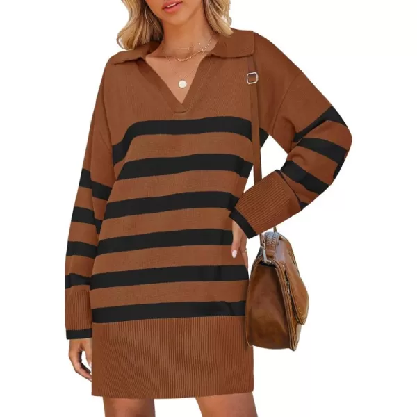 imageZESICA Womens Striped Sweater Dress 2024 Fall Long Sleeve V Neck Collar Loose Knit Mini DressesCaramel