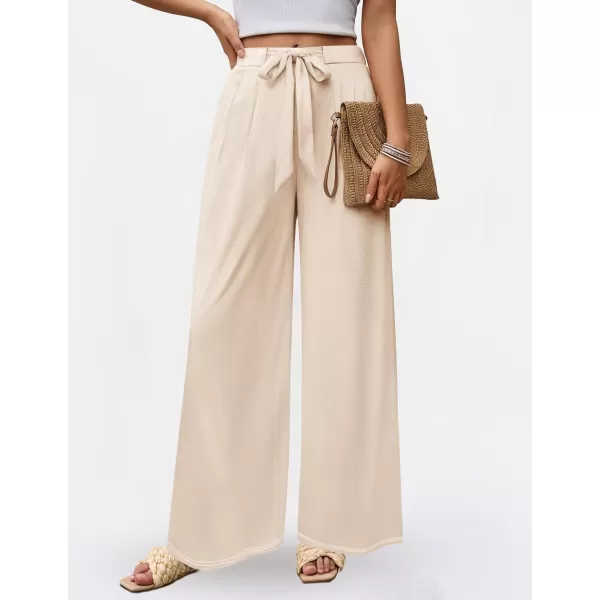 imageZESICA Womens 2024 Fall Knit Wide Leg Pajama Pants High Waist Adjustable Knot Loose Casual Flowy Long Trousers with PocketsApricot
