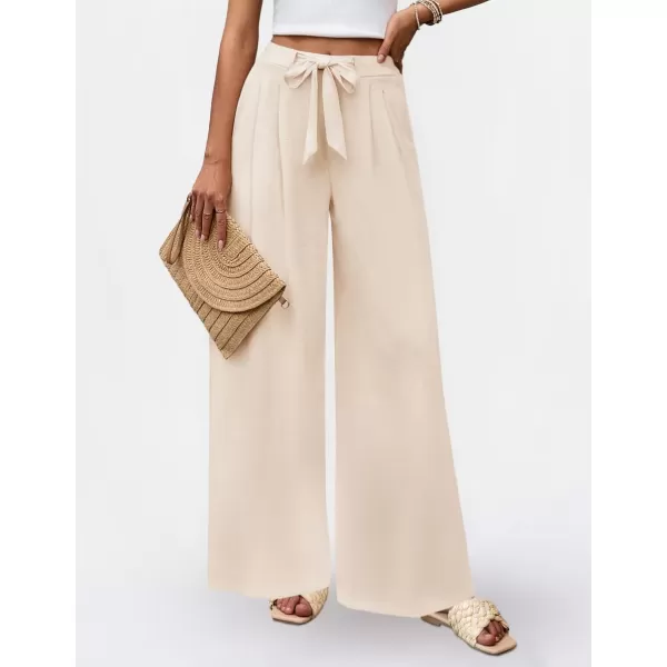 imageZESICA Womens 2024 Fall Knit Wide Leg Pajama Pants High Waist Adjustable Knot Loose Casual Flowy Long Trousers with PocketsApricot
