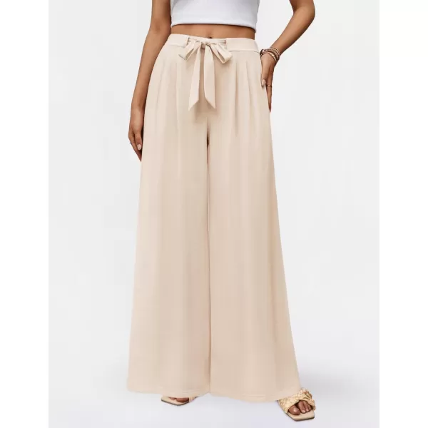 imageZESICA Womens 2024 Fall Knit Wide Leg Pajama Pants High Waist Adjustable Knot Loose Casual Flowy Long Trousers with PocketsApricot