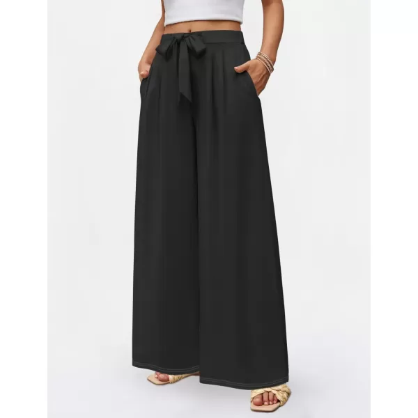 imageZESICA Womens 2024 Fall Knit Wide Leg Pajama Pants High Waist Adjustable Knot Loose Casual Flowy Long Trousers with PocketsBlack