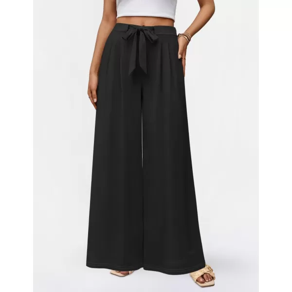 imageZESICA Womens 2024 Fall Knit Wide Leg Pajama Pants High Waist Adjustable Knot Loose Casual Flowy Long Trousers with PocketsBlack
