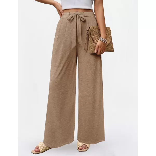 imageZESICA Womens 2024 Fall Knit Wide Leg Pajama Pants High Waist Adjustable Knot Loose Casual Flowy Long Trousers with PocketsBrown