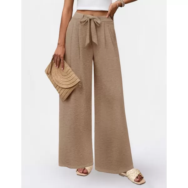 imageZESICA Womens 2024 Fall Knit Wide Leg Pajama Pants High Waist Adjustable Knot Loose Casual Flowy Long Trousers with PocketsBrown