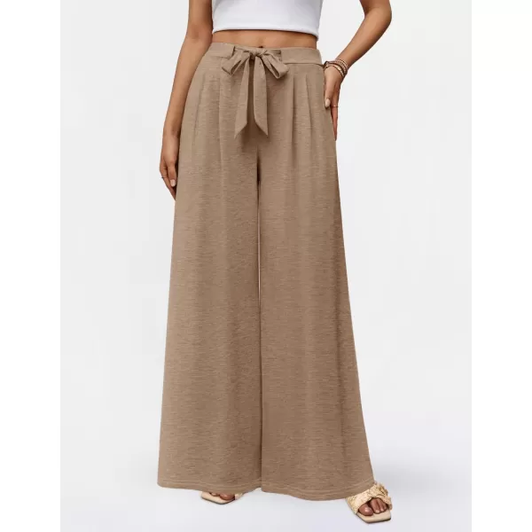 imageZESICA Womens 2024 Fall Knit Wide Leg Pajama Pants High Waist Adjustable Knot Loose Casual Flowy Long Trousers with PocketsBrown