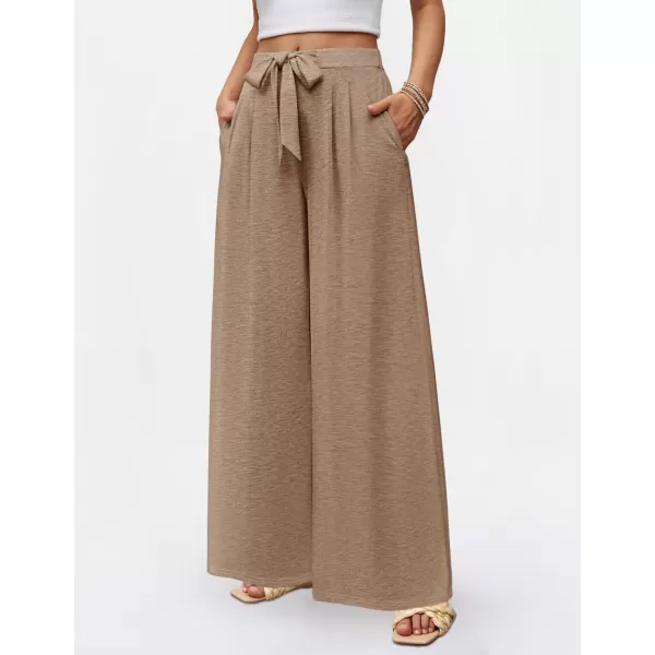imageZESICA Womens 2024 Fall Knit Wide Leg Pajama Pants High Waist Adjustable Knot Loose Casual Flowy Long Trousers with PocketsBrown