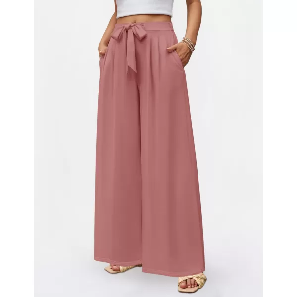 imageZESICA Womens 2024 Fall Knit Wide Leg Pajama Pants High Waist Adjustable Knot Loose Casual Flowy Long Trousers with PocketsDirty Pink