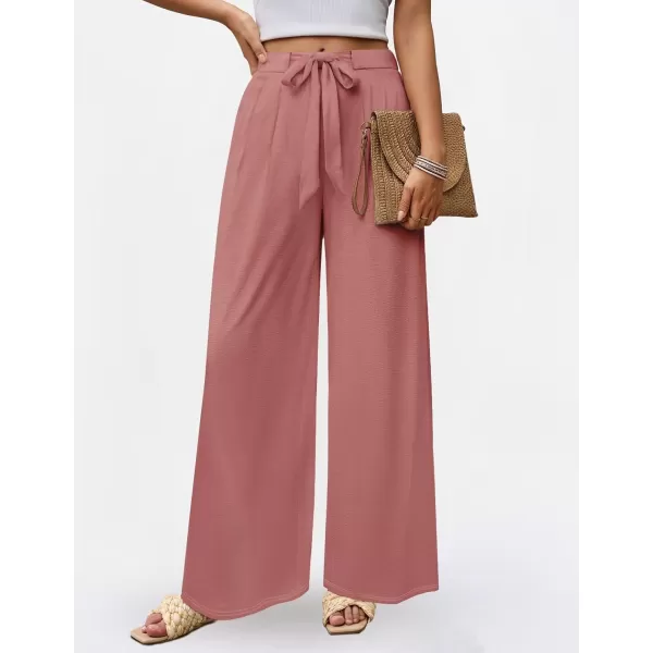 imageZESICA Womens 2024 Fall Knit Wide Leg Pajama Pants High Waist Adjustable Knot Loose Casual Flowy Long Trousers with PocketsDirty Pink