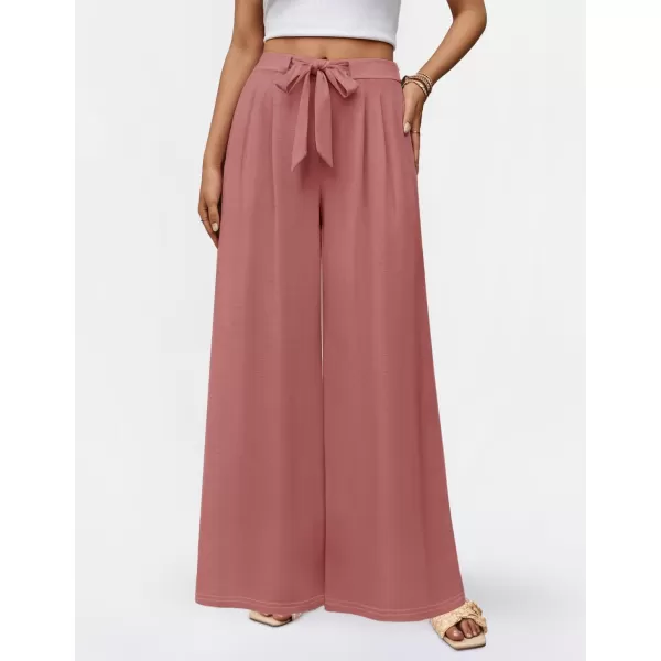 imageZESICA Womens 2024 Fall Knit Wide Leg Pajama Pants High Waist Adjustable Knot Loose Casual Flowy Long Trousers with PocketsDirty Pink