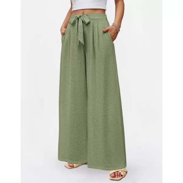 imageZESICA Womens 2024 Fall Knit Wide Leg Pajama Pants High Waist Adjustable Knot Loose Casual Flowy Long Trousers with PocketsGreen