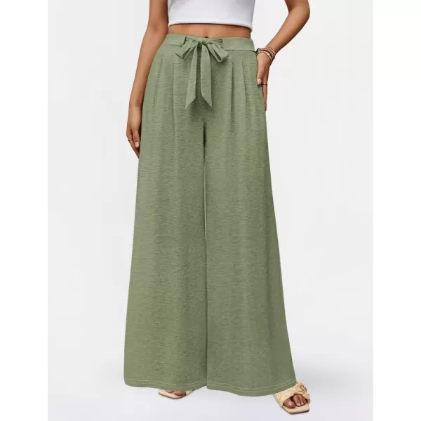 imageZESICA Womens 2024 Fall Knit Wide Leg Pajama Pants High Waist Adjustable Knot Loose Casual Flowy Long Trousers with PocketsGreen