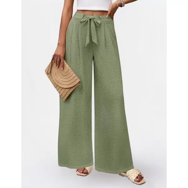 imageZESICA Womens 2024 Fall Knit Wide Leg Pajama Pants High Waist Adjustable Knot Loose Casual Flowy Long Trousers with PocketsGreen