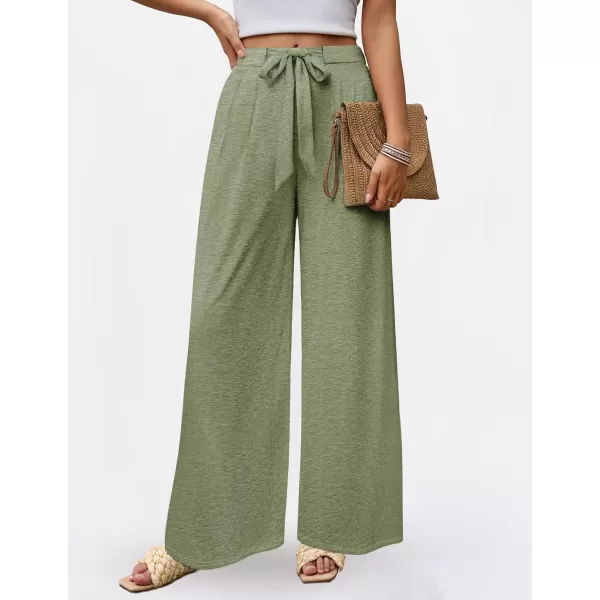 imageZESICA Womens 2024 Fall Knit Wide Leg Pajama Pants High Waist Adjustable Knot Loose Casual Flowy Long Trousers with PocketsGreen