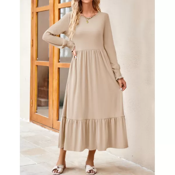 imageZESICA Womens 2024 Fall Long Sleeve Dress Crewneck Casual Loose Pleated Tiered Swing Midi Dresses with PocketsApricot