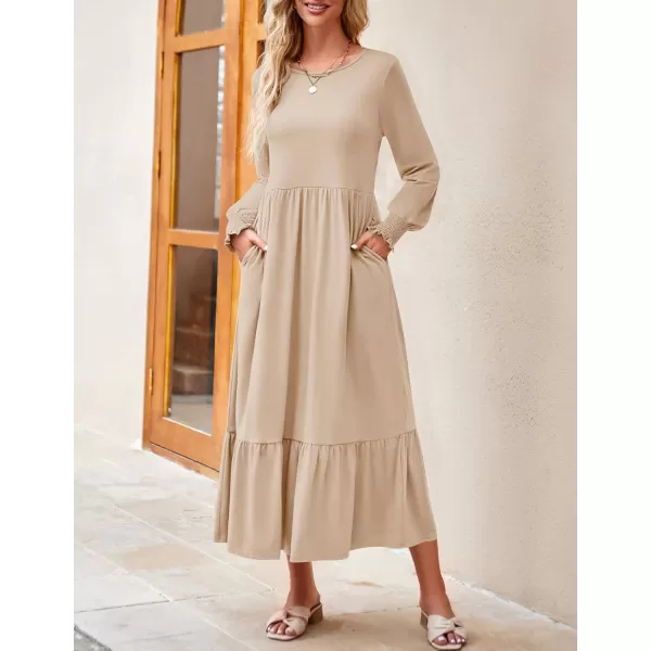 imageZESICA Womens 2024 Fall Long Sleeve Dress Crewneck Casual Loose Pleated Tiered Swing Midi Dresses with PocketsApricot