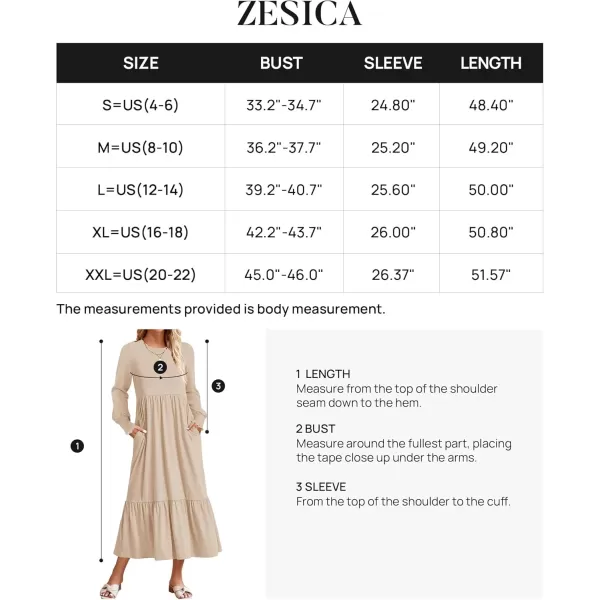 imageZESICA Womens 2024 Fall Long Sleeve Dress Crewneck Casual Loose Pleated Tiered Swing Midi Dresses with PocketsApricot