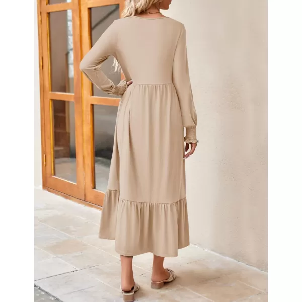 imageZESICA Womens 2024 Fall Long Sleeve Dress Crewneck Casual Loose Pleated Tiered Swing Midi Dresses with PocketsApricot
