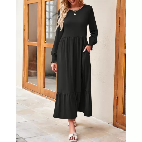imageZESICA Womens 2024 Fall Long Sleeve Dress Crewneck Casual Loose Pleated Tiered Swing Midi Dresses with PocketsBlack