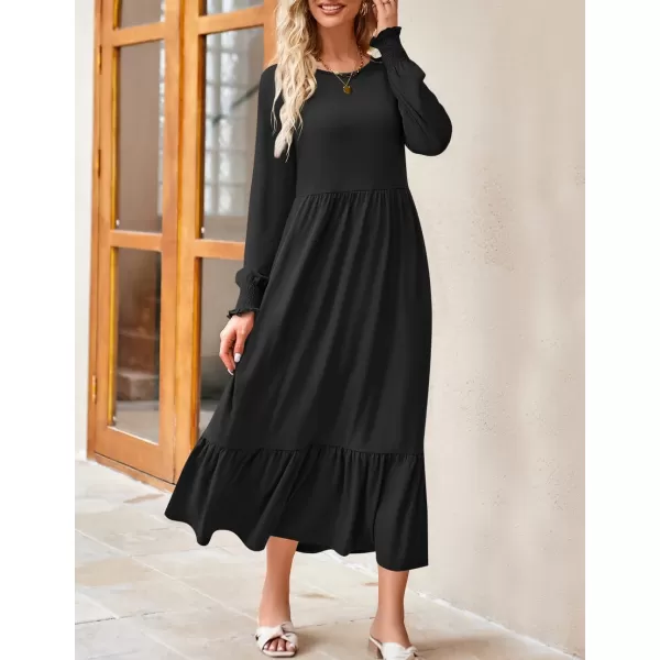 imageZESICA Womens 2024 Fall Long Sleeve Dress Crewneck Casual Loose Pleated Tiered Swing Midi Dresses with PocketsBlack