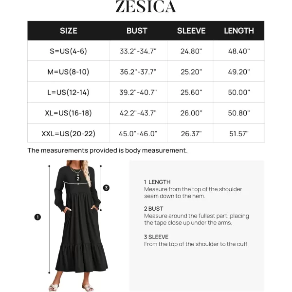 imageZESICA Womens 2024 Fall Long Sleeve Dress Crewneck Casual Loose Pleated Tiered Swing Midi Dresses with PocketsBlack