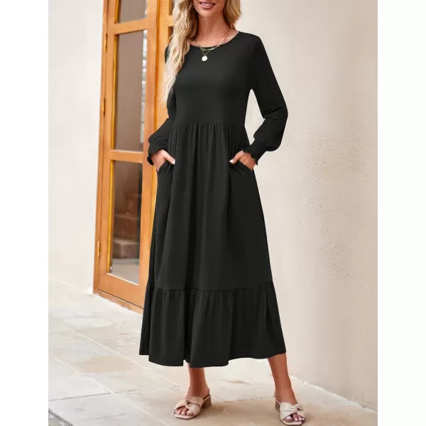 imageZESICA Womens 2024 Fall Long Sleeve Dress Crewneck Casual Loose Pleated Tiered Swing Midi Dresses with PocketsBlack