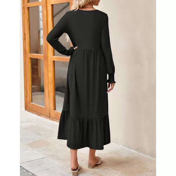 imageZESICA Womens 2024 Fall Long Sleeve Dress Crewneck Casual Loose Pleated Tiered Swing Midi Dresses with PocketsBlack