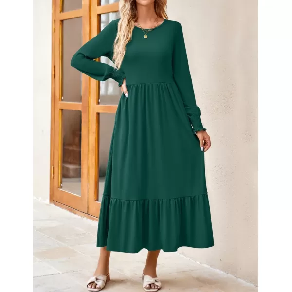imageZESICA Womens 2024 Fall Long Sleeve Dress Crewneck Casual Loose Pleated Tiered Swing Midi Dresses with PocketsDarkgreen