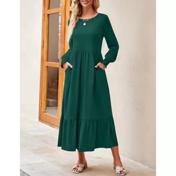 imageZESICA Womens 2024 Fall Long Sleeve Dress Crewneck Casual Loose Pleated Tiered Swing Midi Dresses with PocketsDarkgreen