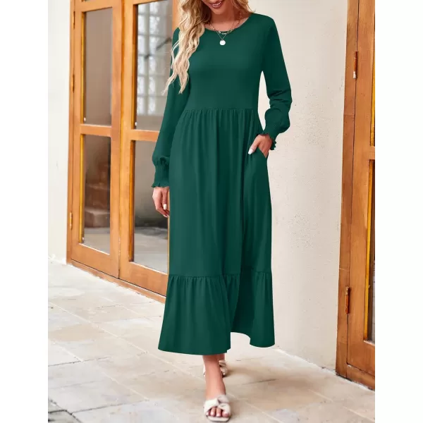 imageZESICA Womens 2024 Fall Long Sleeve Dress Crewneck Casual Loose Pleated Tiered Swing Midi Dresses with PocketsDarkgreen