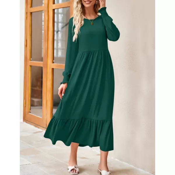 imageZESICA Womens 2024 Fall Long Sleeve Dress Crewneck Casual Loose Pleated Tiered Swing Midi Dresses with PocketsDarkgreen