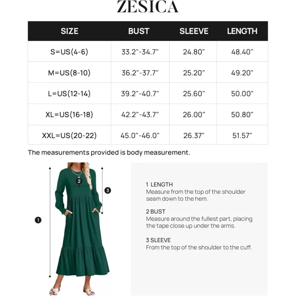 imageZESICA Womens 2024 Fall Long Sleeve Dress Crewneck Casual Loose Pleated Tiered Swing Midi Dresses with PocketsDarkgreen