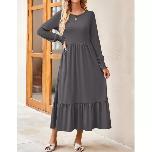 imageZESICA Womens 2024 Fall Long Sleeve Dress Crewneck Casual Loose Pleated Tiered Swing Midi Dresses with PocketsDarkgrey