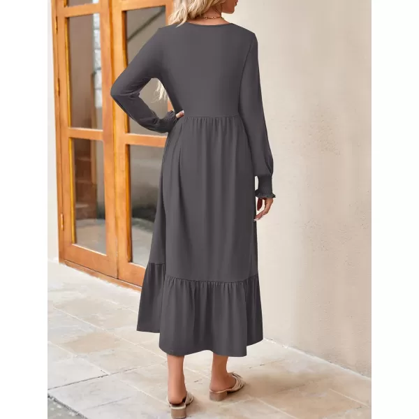 imageZESICA Womens 2024 Fall Long Sleeve Dress Crewneck Casual Loose Pleated Tiered Swing Midi Dresses with PocketsDarkgrey