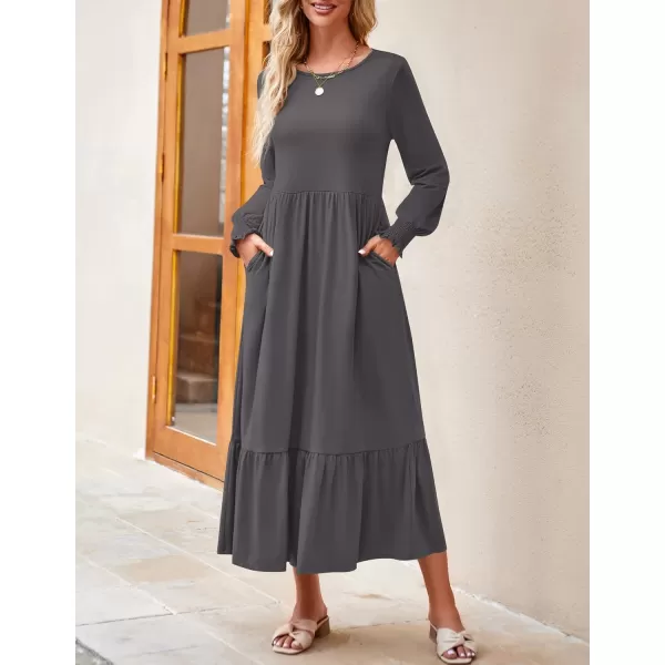 imageZESICA Womens 2024 Fall Long Sleeve Dress Crewneck Casual Loose Pleated Tiered Swing Midi Dresses with PocketsDarkgrey