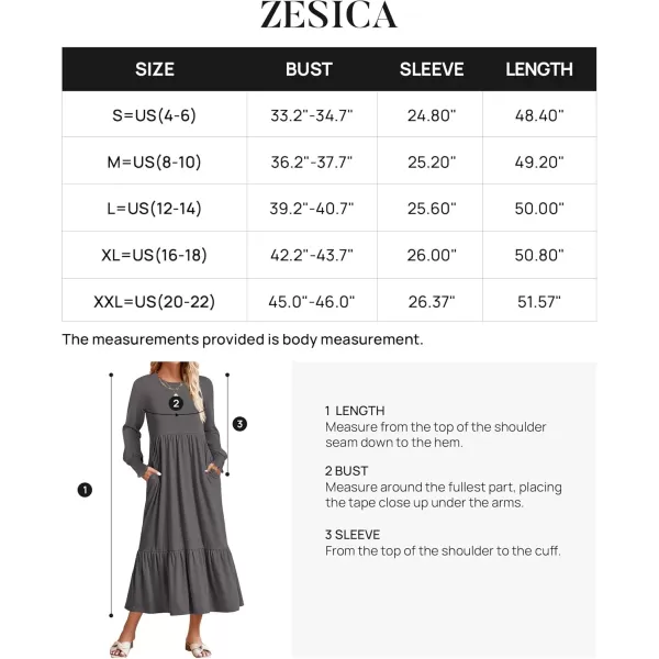 imageZESICA Womens 2024 Fall Long Sleeve Dress Crewneck Casual Loose Pleated Tiered Swing Midi Dresses with PocketsDarkgrey