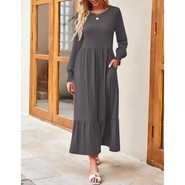 imageZESICA Womens 2024 Fall Long Sleeve Dress Crewneck Casual Loose Pleated Tiered Swing Midi Dresses with PocketsDarkgrey