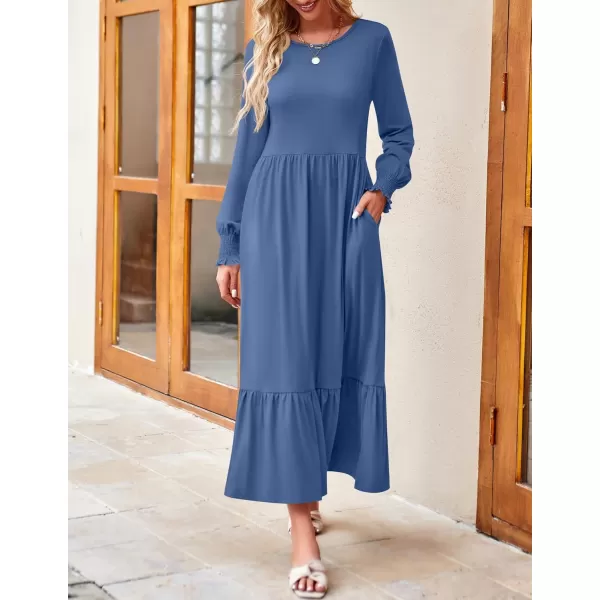imageZESICA Womens 2024 Fall Long Sleeve Dress Crewneck Casual Loose Pleated Tiered Swing Midi Dresses with PocketsDustyblue